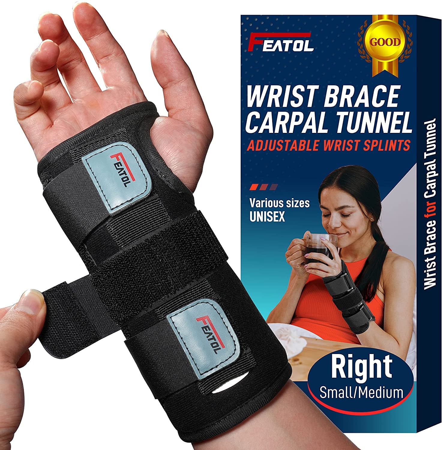 Wrist Brace for Carpal Tunnel, Adjustable Night Wrist Support Brace with Splints Right Hand, Small/Medium, Hand Support for Arthritis, Tendonitis, Sprain, Injuries, Wrist Pain