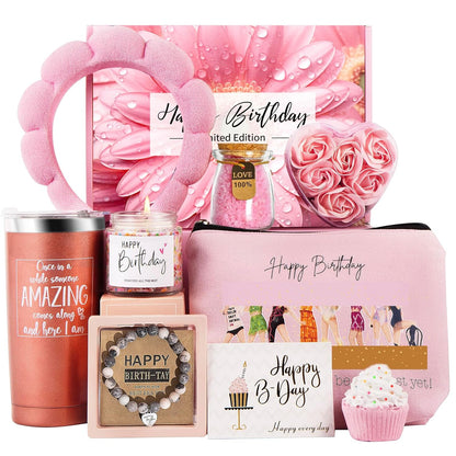 Happy Birthday Gifts for Women Friendship, Rose Birthday Gifts Basket for Women Her Girls Daughter Friend Sister Coworker, Bath Relaxing Spa Gifts Set,Self Care Unique Birthday Gifts Box for Women